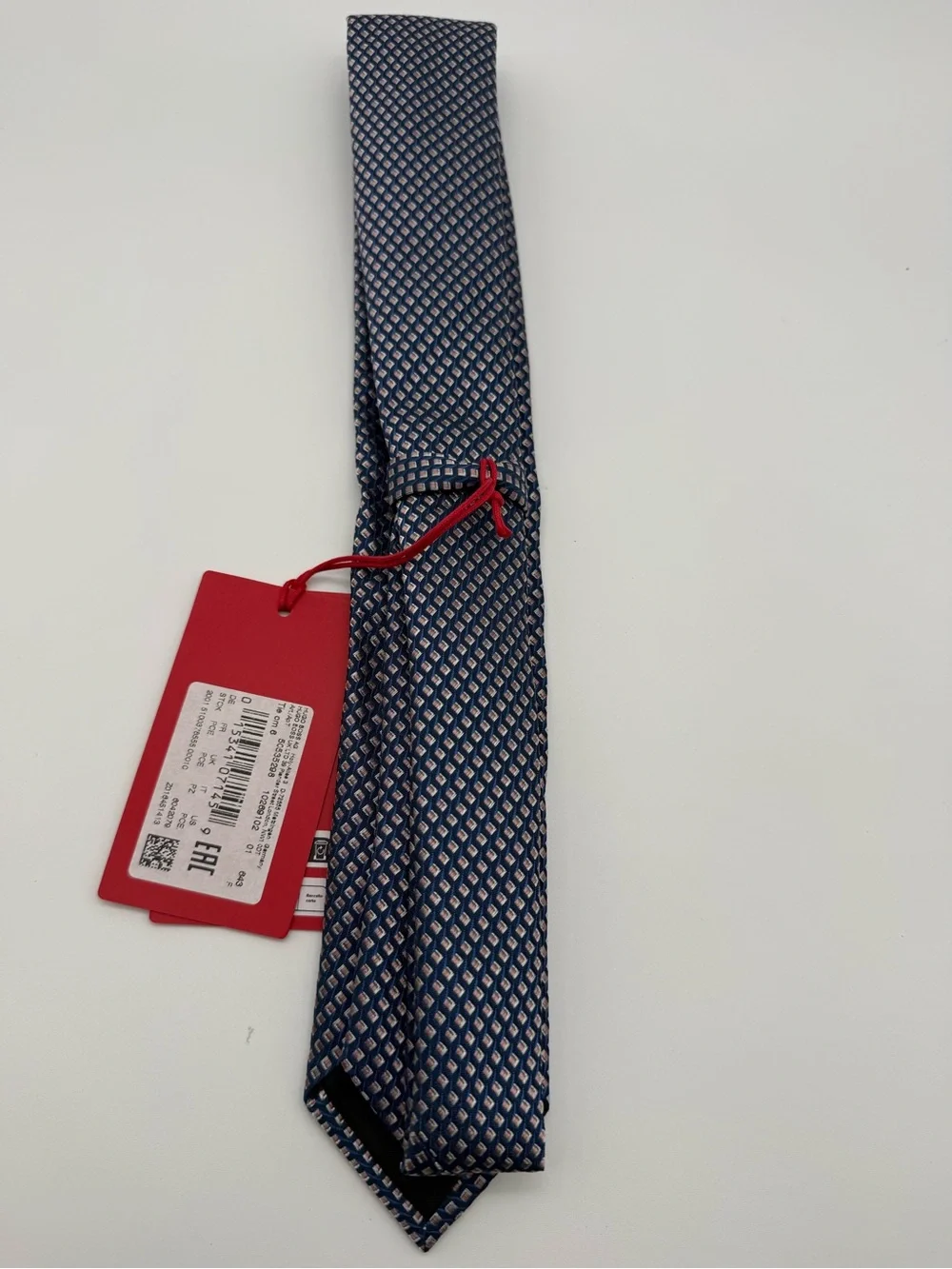 HUGO Navy Tie with Light Blue Diamond Micro-Pattern